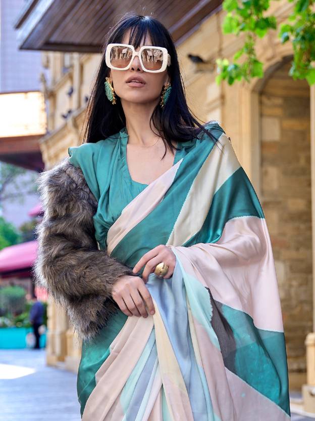 Blue Digital Print Saree in Satin Silk Blend – Party & Wedding Wear ClothsVilla