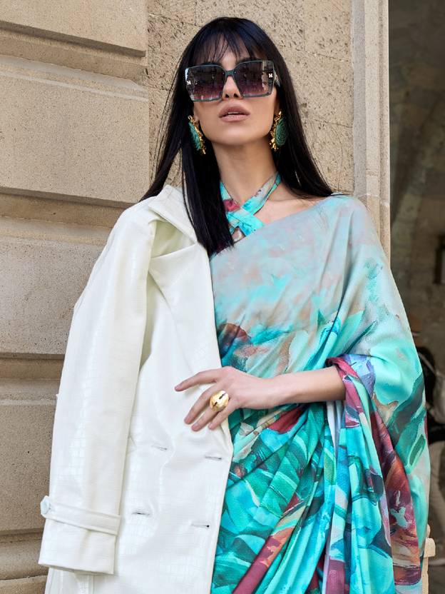 Blue Digital Print Saree in Satin Silk Blend – Party & Wedding Wear ClothsVilla