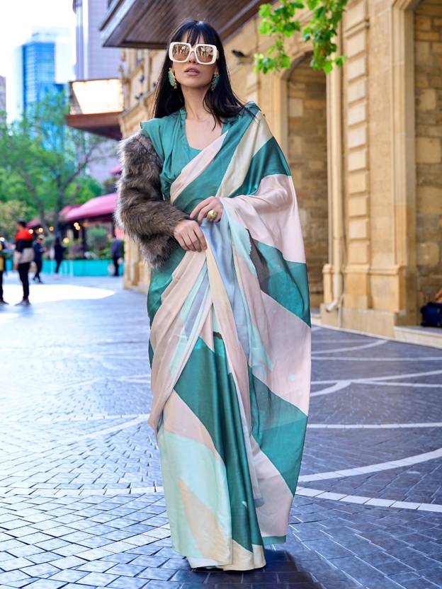 Blue Digital Print Saree in Satin Silk Blend – Party & Wedding Wear ClothsVilla Main image