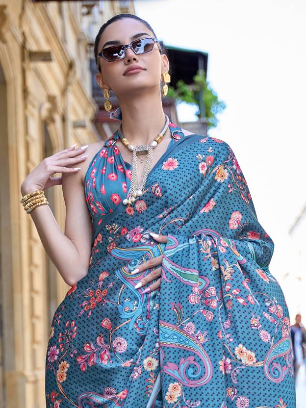 Blue Digital Print Saree in Satin Silk Blend – Party & Wedding Wear ClothsVilla