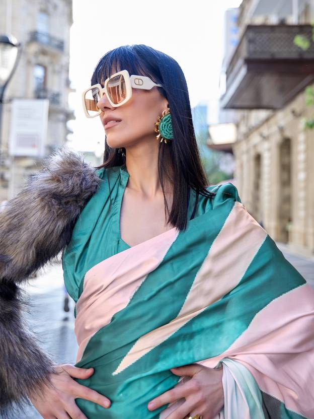 Blue Digital Print Saree in Satin Silk Blend – Party & Wedding Wear ClothsVilla