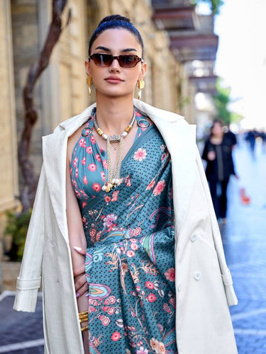 Blue Digital Print Saree in Satin Silk Blend – Party & Wedding Wear ClothsVilla