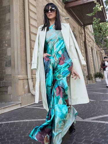 Blue Digital Print Saree in Satin Silk Blend – Party & Wedding Wear ClothsVilla