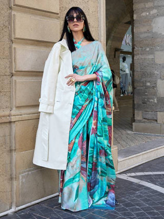 Blue Digital Print Saree in Satin Silk Blend – Party & Wedding Wear ClothsVilla