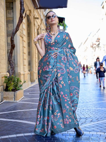 Blue Digital Print Saree in Satin Silk Blend – Party & Wedding Wear ClothsVilla