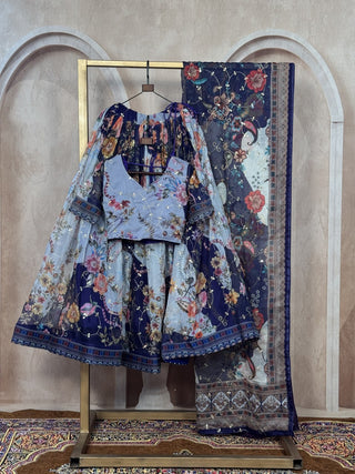 Blue Digital Print Silk Lehenga Set ClothsVilla