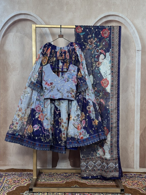 Blue Digital Print Silk Lehenga Set ClothsVilla
