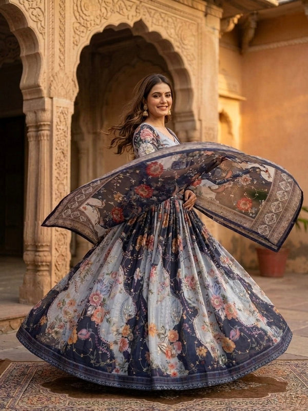 Blue Digital Print Silk Lehenga Set ClothsVilla