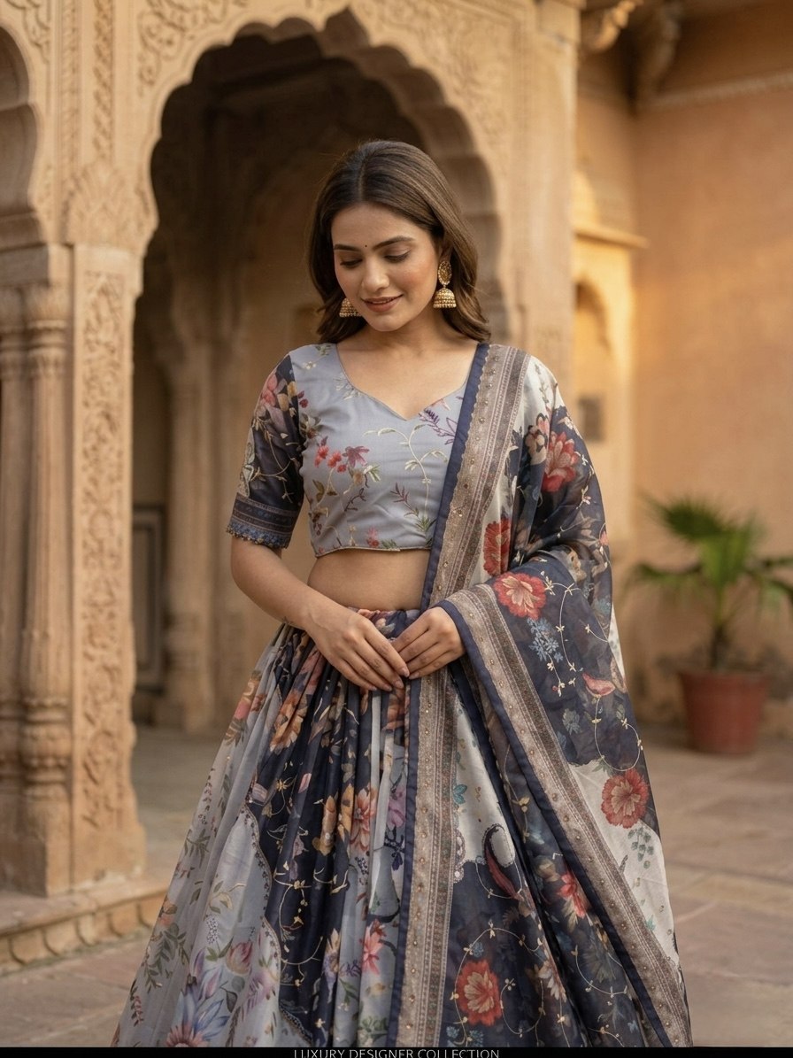 Blue Digital Print Silk Lehenga Set ClothsVilla