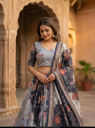 Blue Digital Print Silk Lehenga Set ClothsVilla