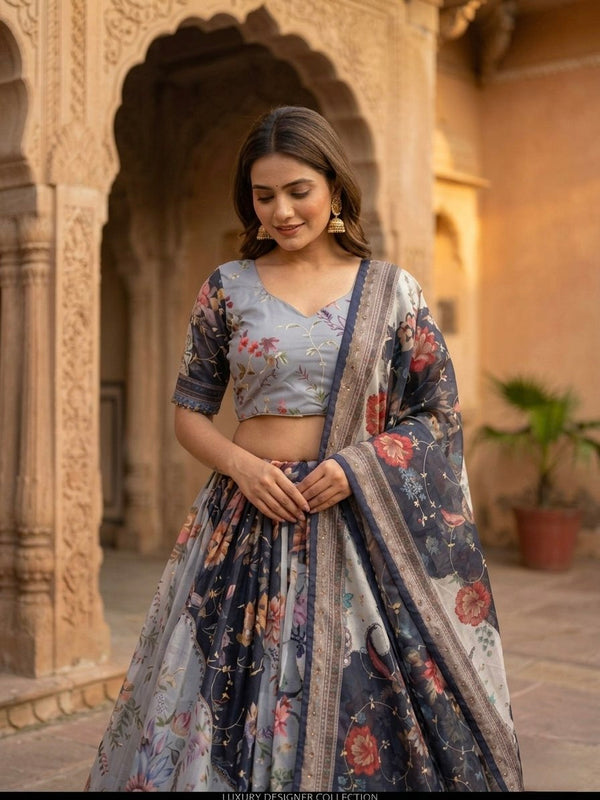 Blue Digital Print Silk Lehenga Set ClothsVilla