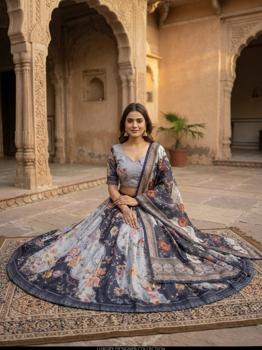 Blue Digital Print Silk Lehenga Set ClothsVilla