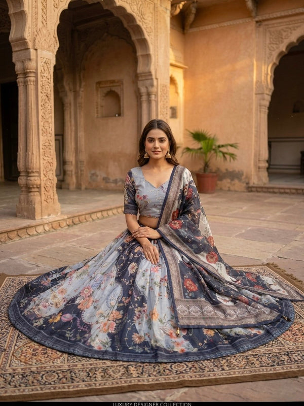 Blue Digital Print Silk Lehenga Set ClothsVilla
