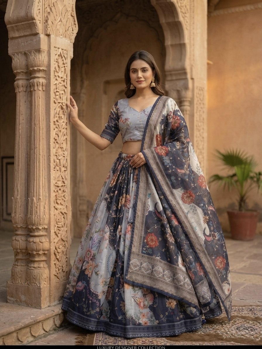 Blue Digital Print Silk Lehenga Set ClothsVilla