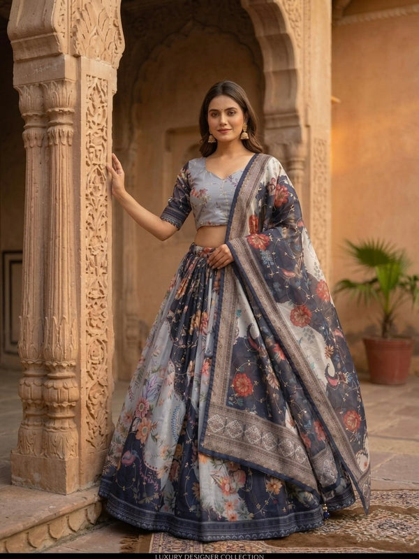 Blue Digital Print Silk Lehenga Set ClothsVilla