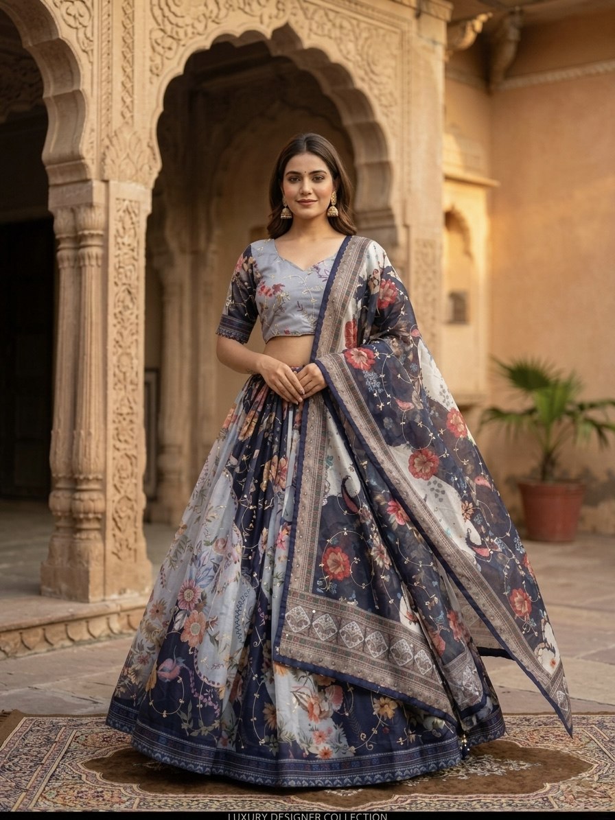 Blue Digital Print Silk Lehenga Set ClothsVilla