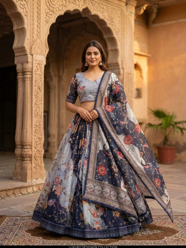 Blue Digital Print Silk Lehenga Set ClothsVilla