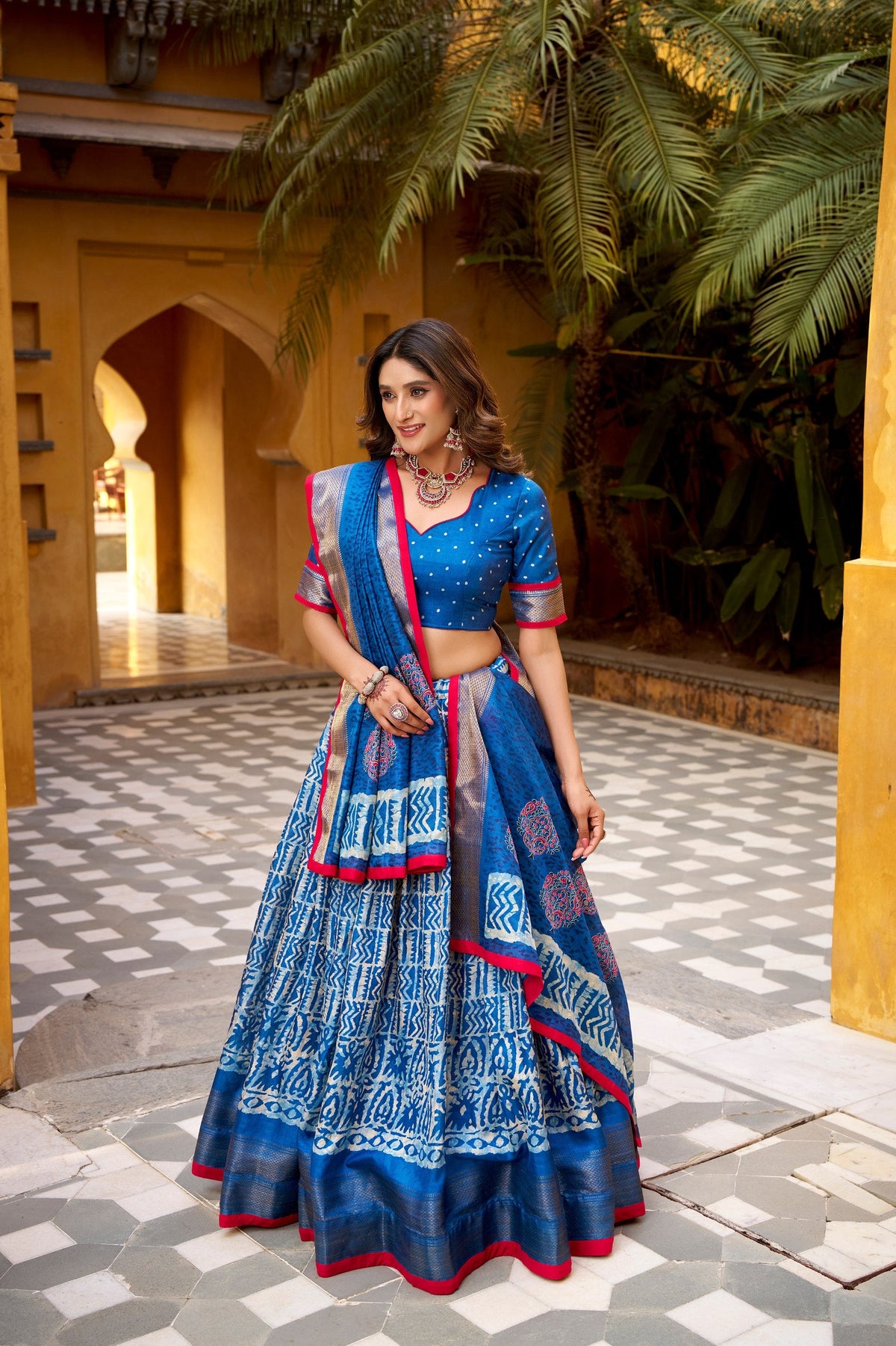 Blue Dola Silk Batik Print Lehenga Choli Set with Zari Weaving & Matching Dupatta – Fully Stitched Designer Ethnic Wear ClothsVilla Main image