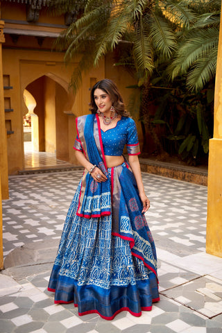Blue Dola Silk Batik Print Lehenga Choli Set with Zari Weaving & Matching Dupatta – Fully Stitched Designer Ethnic Wear ClothsVilla