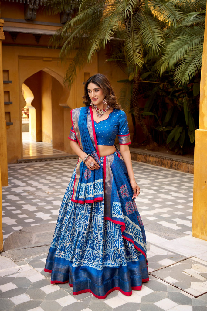 Blue Dola Silk Batik Print Lehenga Choli Set with Zari Weaving & Matching Dupatta – Fully Stitched Designer Ethnic Wear ClothsVilla