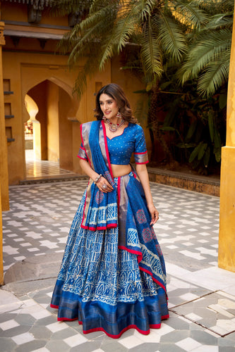 Blue Dola Silk Batik Print Lehenga Choli Set with Zari Weaving & Matching Dupatta – Fully Stitched Designer Ethnic Wear ClothsVilla
