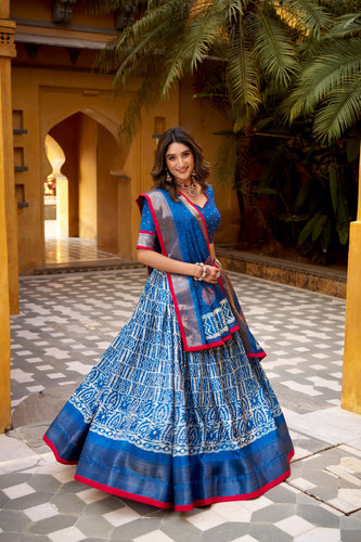 Blue Dola Silk Batik Print Lehenga Choli Set with Zari Weaving & Matching Dupatta – Fully Stitched Designer Ethnic Wear ClothsVilla