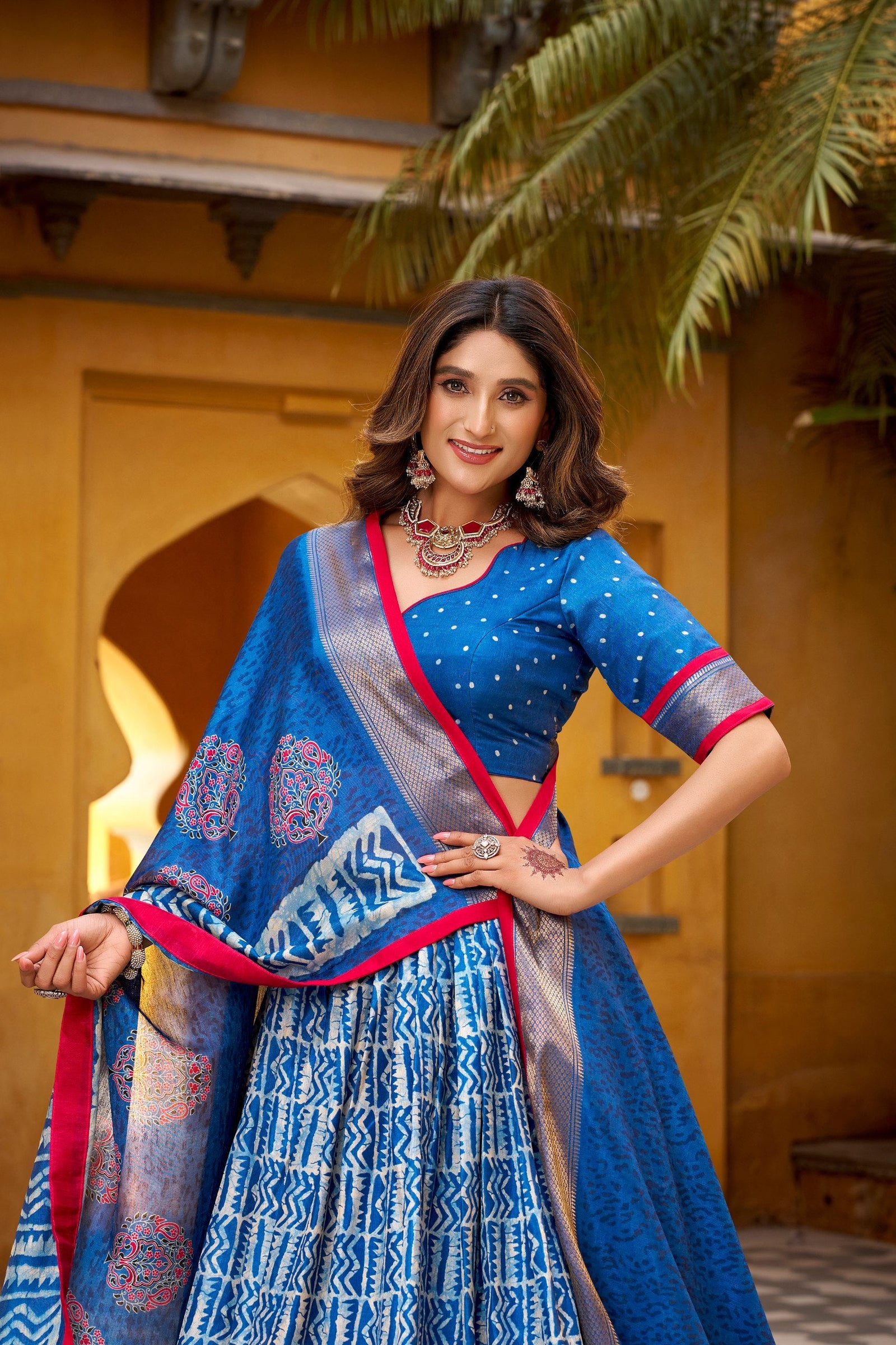 Blue Dola Silk Batik Print Lehenga Choli Set with Zari Weaving & Matching Dupatta – Fully Stitched Designer Ethnic Wear ClothsVilla