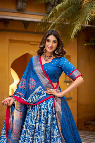 Blue Dola Silk Batik Print Lehenga Choli Set with Zari Weaving & Matching Dupatta – Fully Stitched Designer Ethnic Wear ClothsVilla