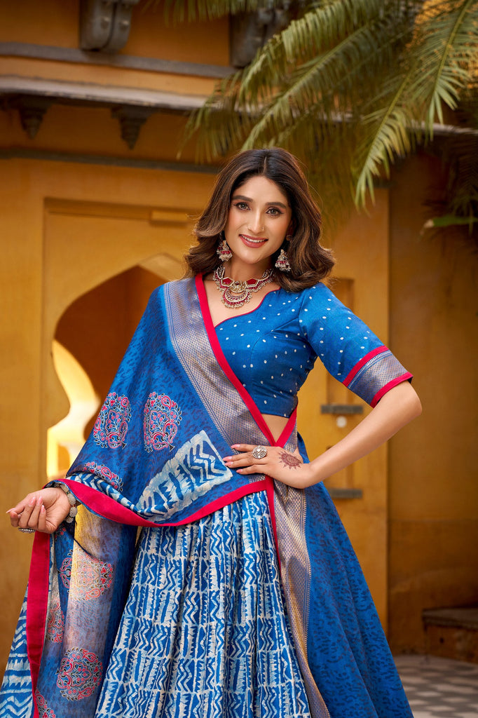 Blue Dola Silk Batik Print Lehenga Choli Set with Zari Weaving & Matching Dupatta – Fully Stitched Designer Ethnic Wear ClothsVilla