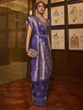 Blue Elegant Banarasi Silk Blend Saree with Unstitched Blouse Piece ClothsVilla
