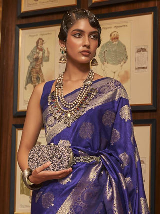 Blue Elegant Banarasi Silk Blend Saree with Unstitched Blouse Piece ClothsVilla