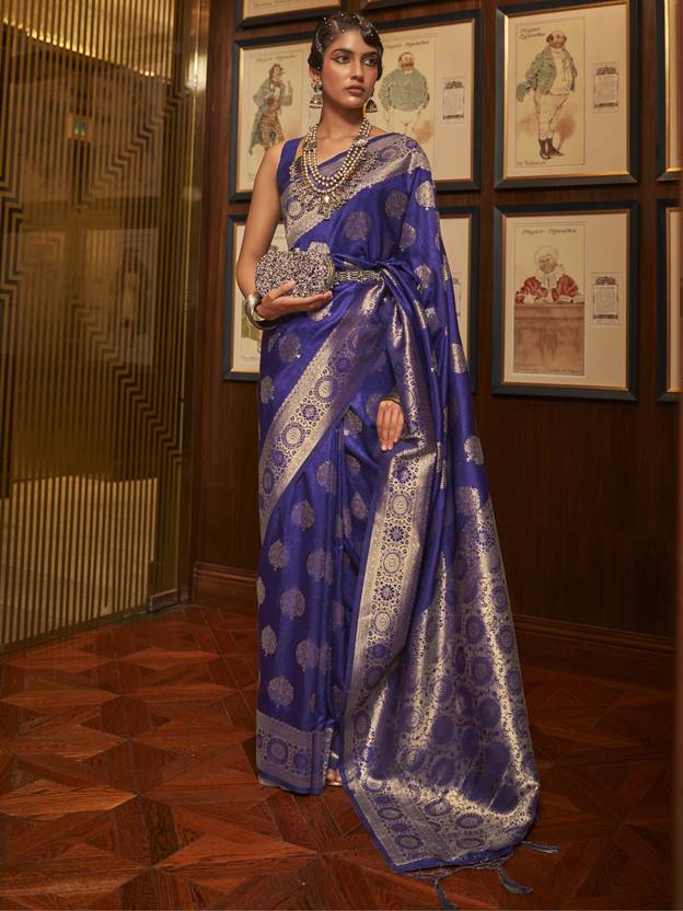 Blue Elegant Banarasi Silk Blend Saree with Unstitched Blouse Piece ClothsVilla