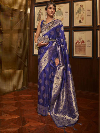 Blue Elegant Banarasi Silk Blend Saree with Unstitched Blouse Piece ClothsVilla