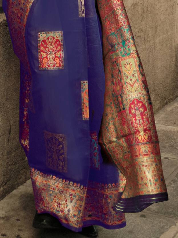 Blue Elegant Banarasi Silk Blend Woven Saree with Unstitched Blouse Piece ClothsVilla