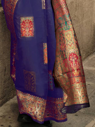 Blue Elegant Banarasi Silk Blend Woven Saree with Unstitched Blouse Piece ClothsVilla