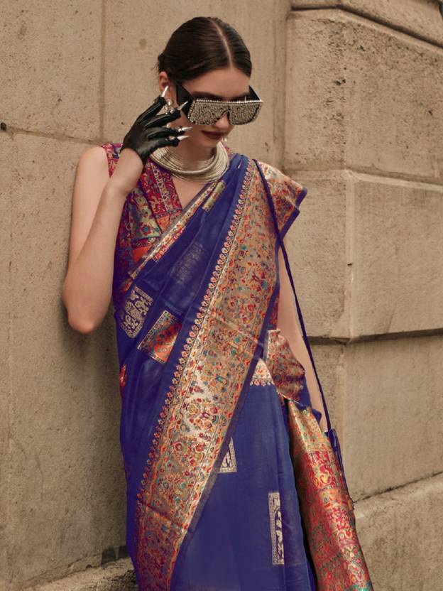Blue Elegant Banarasi Silk Blend Woven Saree with Unstitched Blouse Piece ClothsVilla