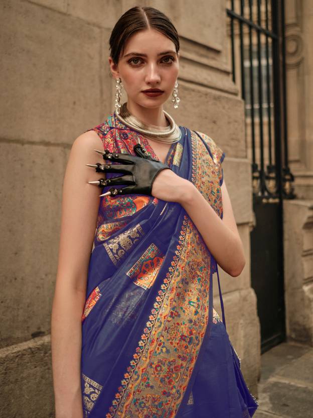 Blue Elegant Banarasi Silk Blend Woven Saree with Unstitched Blouse Piece ClothsVilla