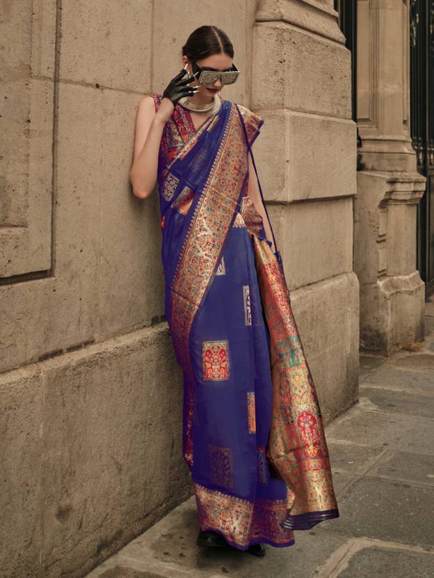 Blue Elegant Banarasi Silk Blend Woven Saree with Unstitched Blouse Piece ClothsVilla
