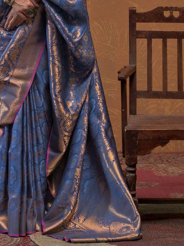 Blue Elegant Blended Silk Banarasi Saree with Blouse Piece – Timeless Traditional Charm ClothsVilla