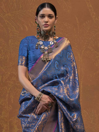 Blue Elegant Blended Silk Banarasi Saree with Blouse Piece – Timeless Traditional Charm ClothsVilla