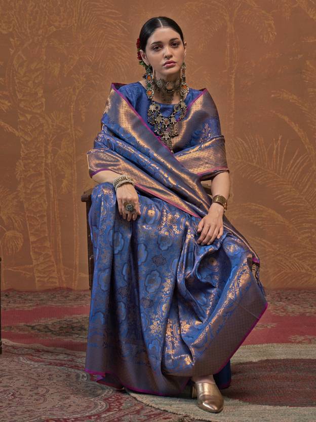 Blue Elegant Blended Silk Banarasi Saree with Blouse Piece – Timeless Traditional Charm ClothsVilla