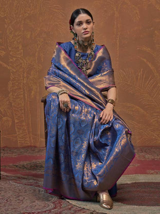 Blue Elegant Blended Silk Banarasi Saree with Blouse Piece – Timeless Traditional Charm ClothsVilla