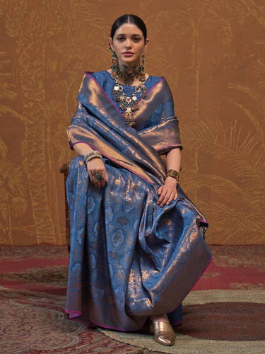 Blue Elegant Blended Silk Banarasi Saree with Blouse Piece – Timeless Traditional Charm ClothsVilla