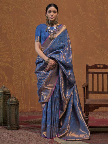 Blue Elegant Blended Silk Banarasi Saree with Blouse Piece – Timeless Traditional Charm ClothsVilla