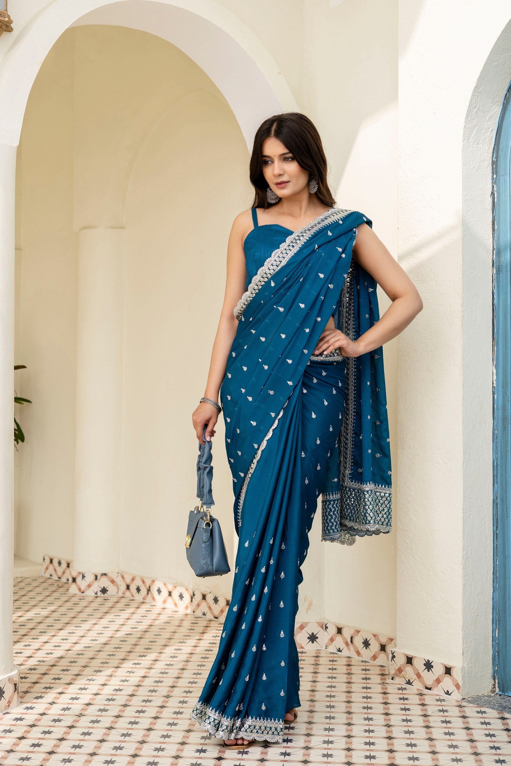 Blue Elegant Chinon Saree with Zari, Dori & 4mm Sequins Work with Banglori Silk Blouse – Festive Wear ClothsVilla