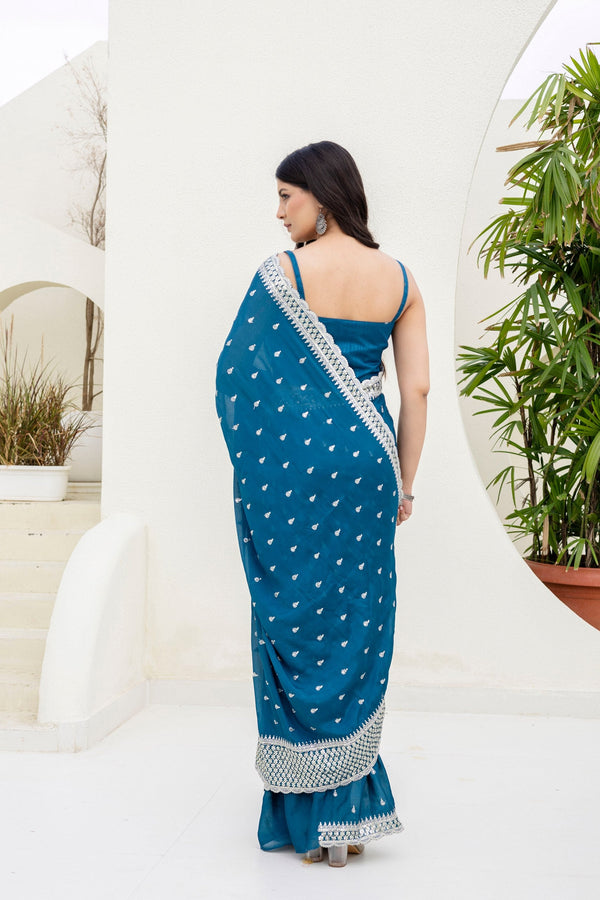 Blue Elegant Chinon Saree with Zari, Dori & 4mm Sequins Work with Banglori Silk Blouse – Festive Wear ClothsVilla