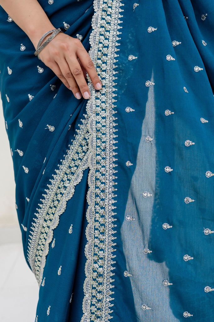 Blue Elegant Chinon Saree with Zari, Dori & 4mm Sequins Work with Banglori Silk Blouse – Festive Wear ClothsVilla