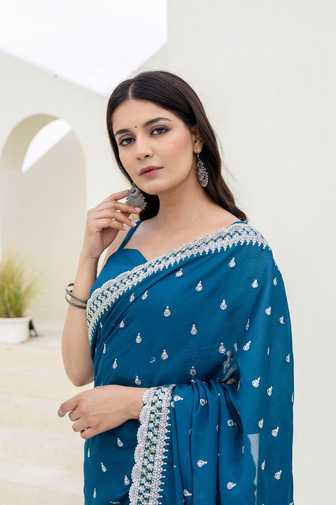 Blue Elegant Chinon Saree with Zari, Dori & 4mm Sequins Work with Banglori Silk Blouse – Festive Wear ClothsVilla