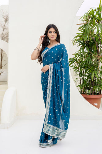 Blue Elegant Chinon Saree with Zari, Dori & 4mm Sequins Work with Banglori Silk Blouse – Festive Wear ClothsVilla