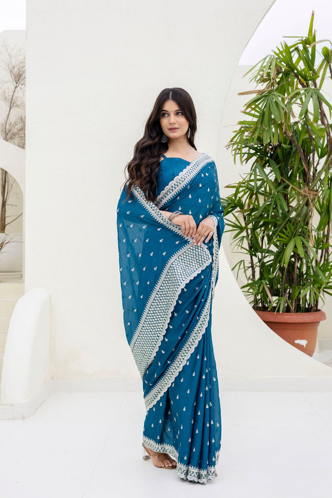 Blue Elegant Chinon Saree with Zari, Dori & 4mm Sequins Work with Banglori Silk Blouse – Festive Wear ClothsVilla